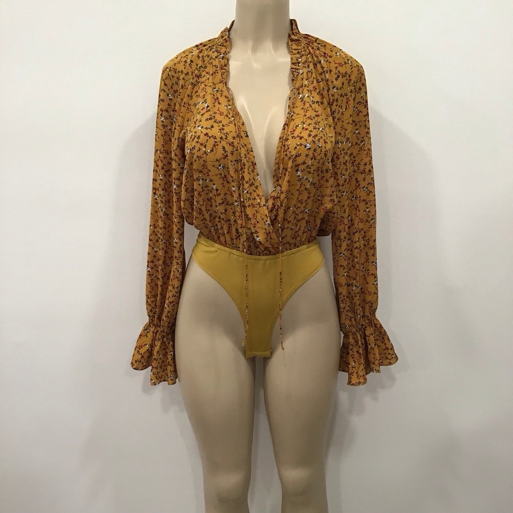 Misguided Bodysuit Size 6 Mustard Yellow Floral Print Cottage Core Sexy